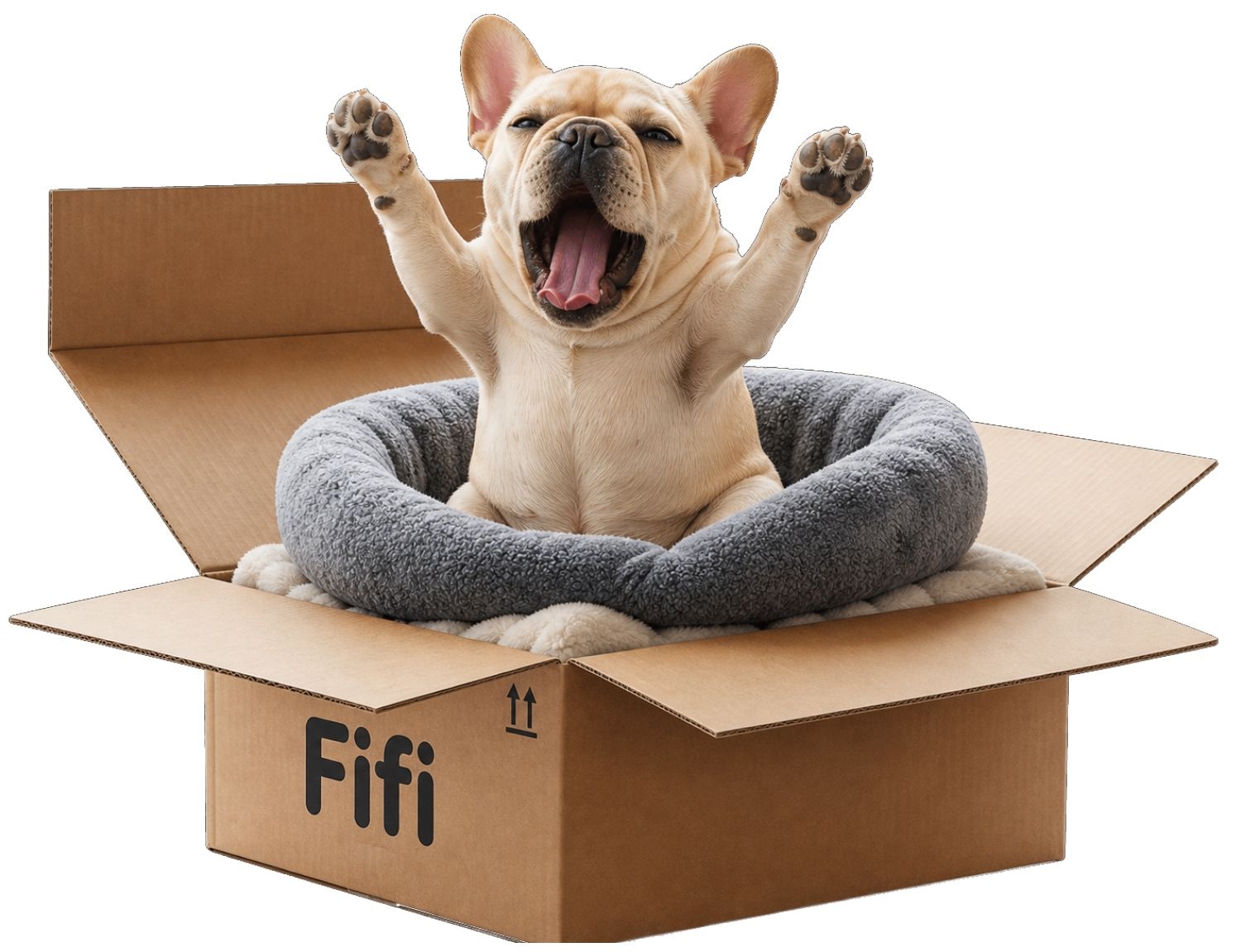 Fifi die französische Bulldogge sitzt mit erhobenen Pfoten und gähnt, nachdem Ihre Bestellung sie geweckt hat